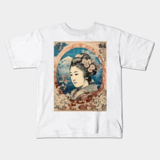 Vintage Rose Blossoms Japanese Woodblock Maple Streetwear Hipster Asian Inspired Retro Manga Samurai Bellflower Kids T-Shirt